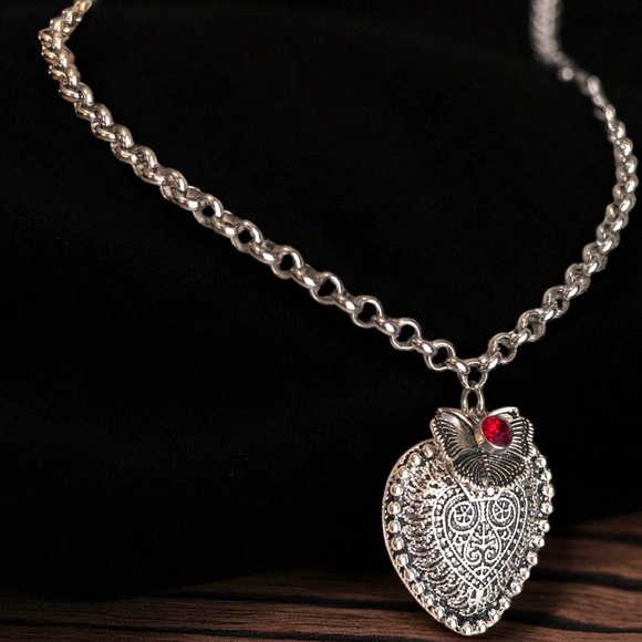 Beautiful Silver Toned Heart Necklace with Butterfly and Red Gem Charm 16.5” - Picture 13 of 17